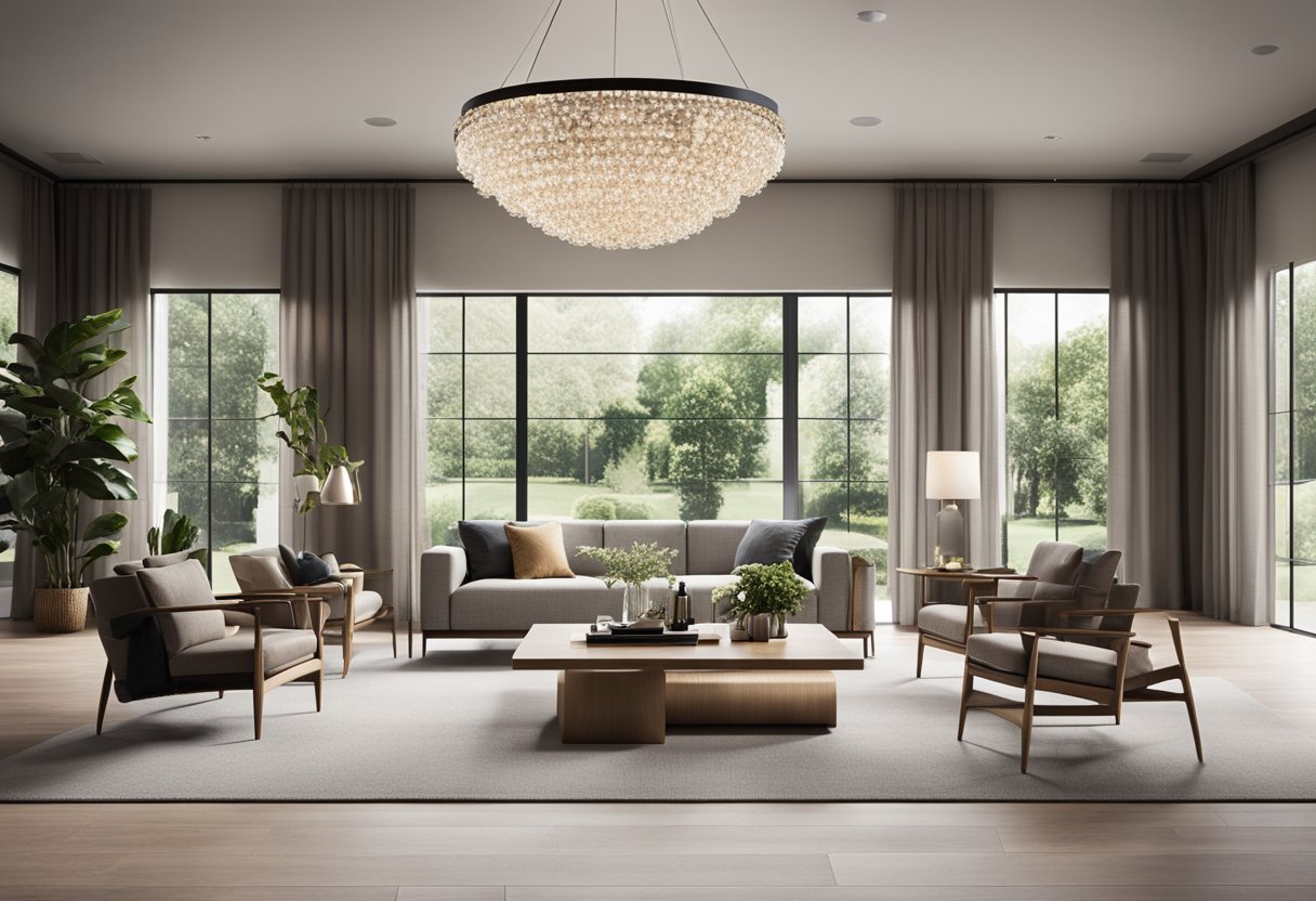An open floor plan living room with a modern sofa, coffee table, and accent chairs. A large window lets in natural light, and a statement chandelier hangs from the ceiling
