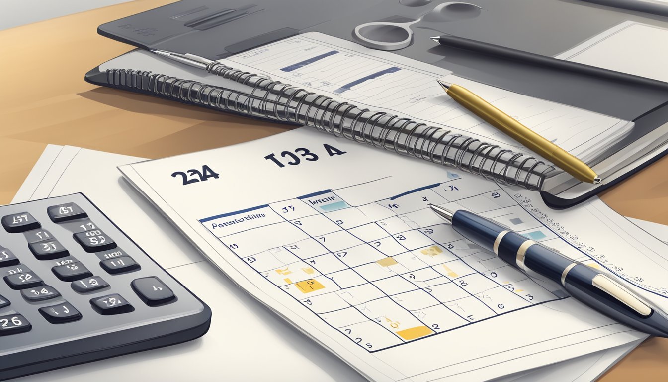 A calendar with monthly dates and amounts, a calculator, and a pen on a desk
