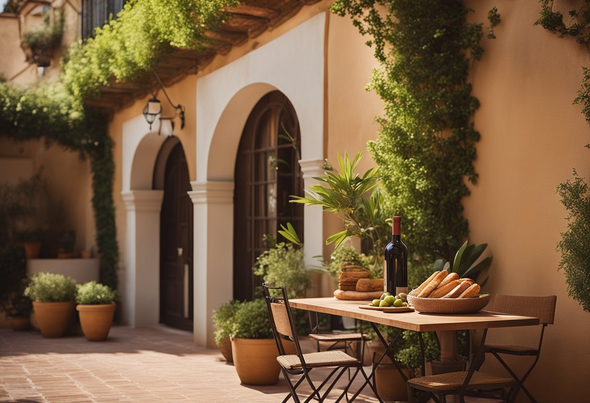 A sun-drenched courtyard with terra cotta tiles, wrought iron accents, and lush greenery. A rustic wooden table set with olives, bread, and wine