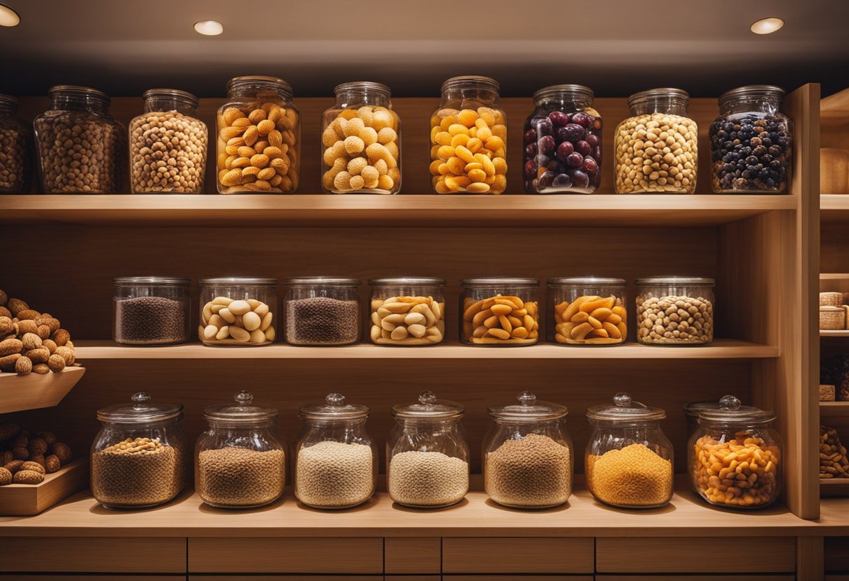 A well-lit, cozy dry fruit shop with wooden shelves, neatly arranged jars, and baskets filled with colorful dried fruits and nuts