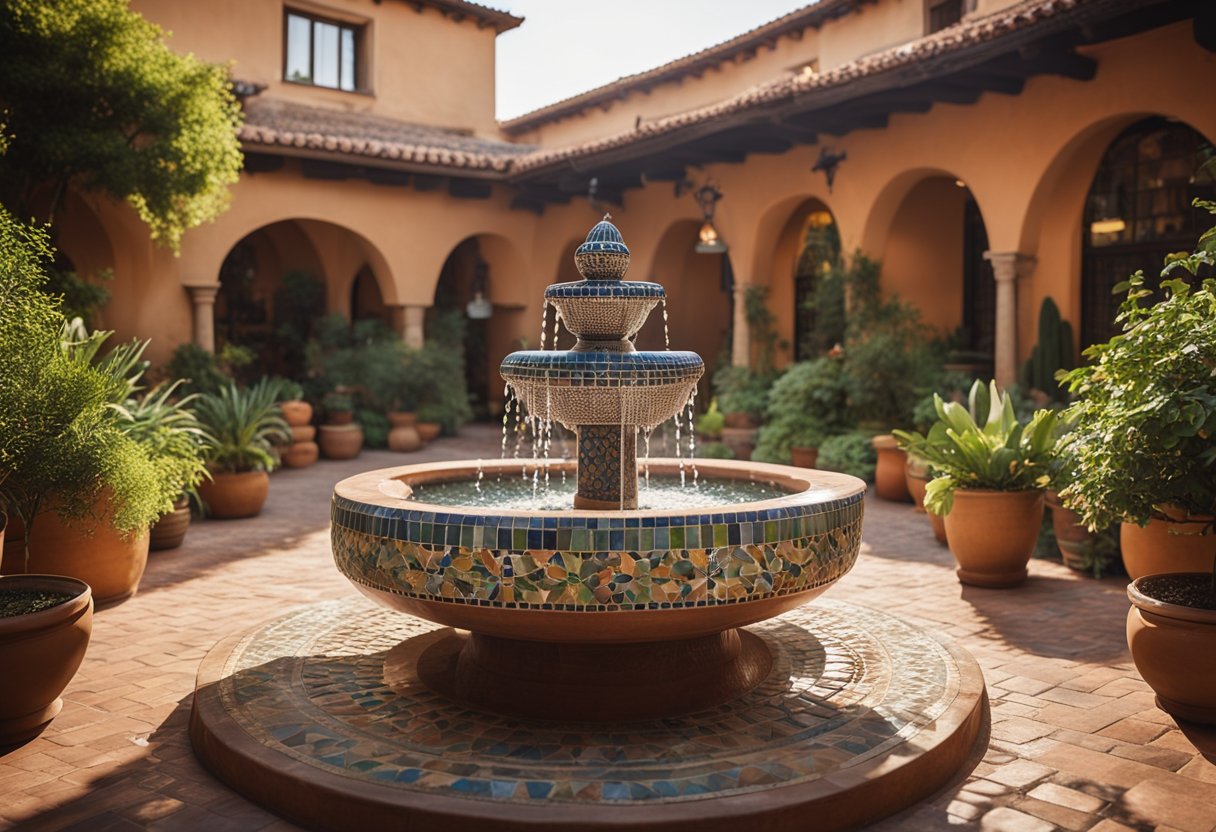 A sun-drenched courtyard with terracotta tiles, lush greenery, and wrought-iron furniture. A colorful mosaic fountain is the centerpiece, surrounded by vibrant textiles and rustic pottery
