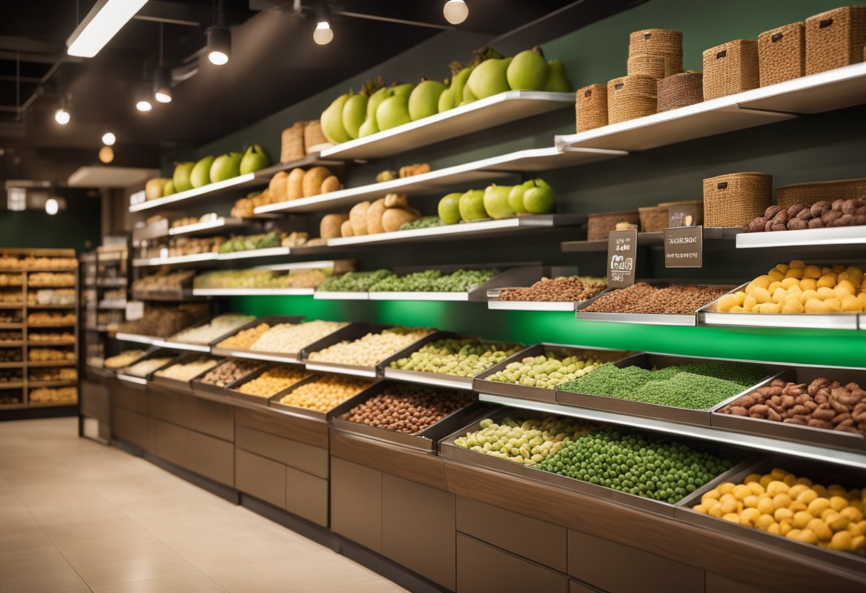 The dry fruit store's interior features modern shelving, vibrant lighting, and a clean, organized layout. The color scheme is earthy and inviting, with pops of green and brown accents
