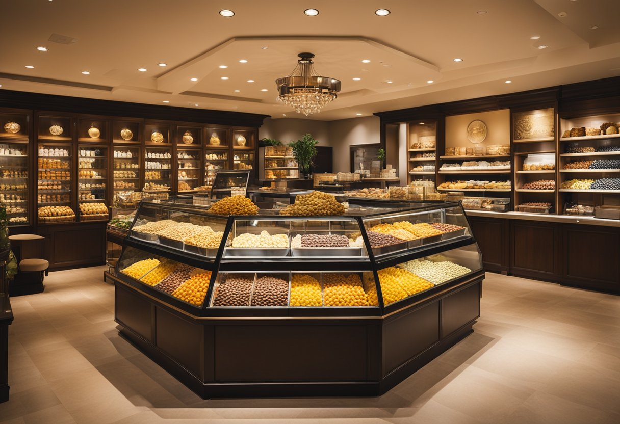 The dry fruit shop interior features warm lighting, organized displays, and inviting seating areas, creating a welcoming and comfortable atmosphere for customers