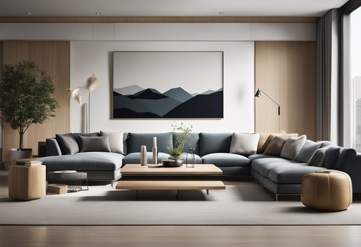 A modern living room with a minimalist design, featuring clean lines, neutral colors, and a mix of textures like wood, metal, and fabric