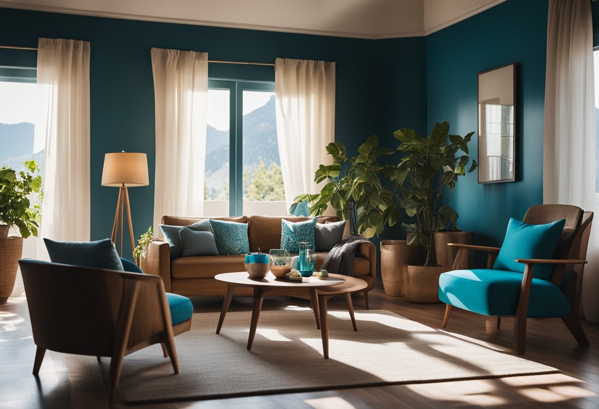 A cozy living room with earthy tones, wooden furniture, and pops of blue and turquoise. Sunlight filters through sheer curtains, casting a warm glow on the textured walls and tiled floors