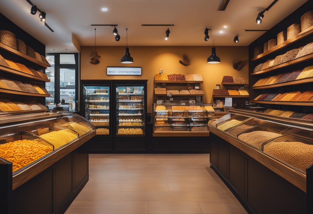 The dry fruit shop interior features wooden shelves filled with colorful dried fruits, a rustic cash counter, and warm lighting creating a cozy atmosphere