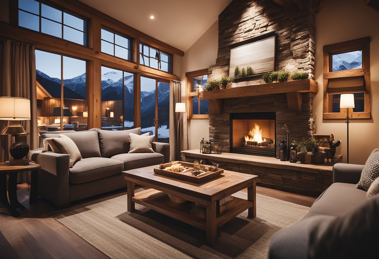 A cozy chalet interior with a roaring fireplace, plush sofas, and wooden accents. Warm lighting creates a welcoming atmosphere