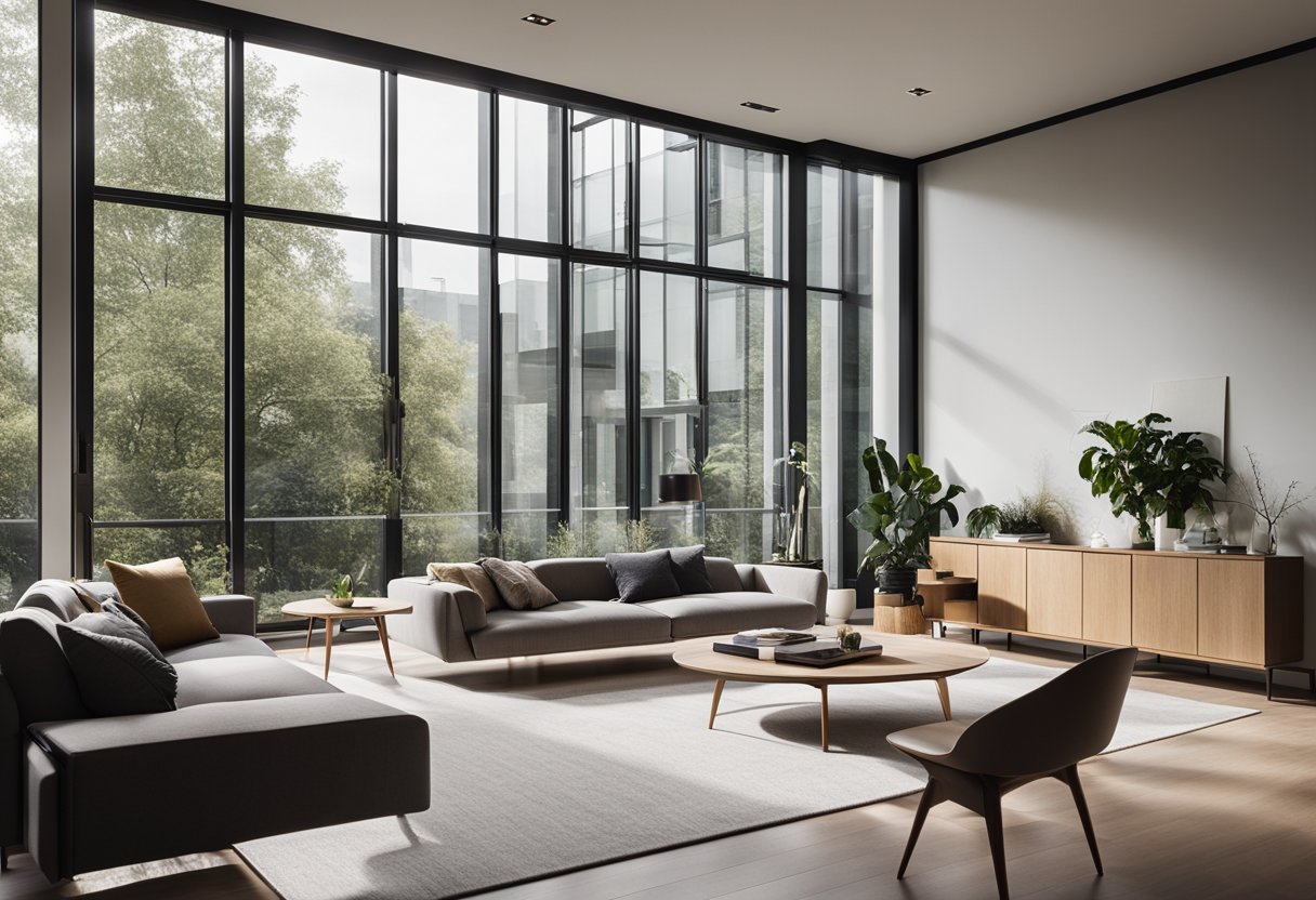 A modern living room with sleek furniture, minimalist decor, and natural light streaming in through large windows