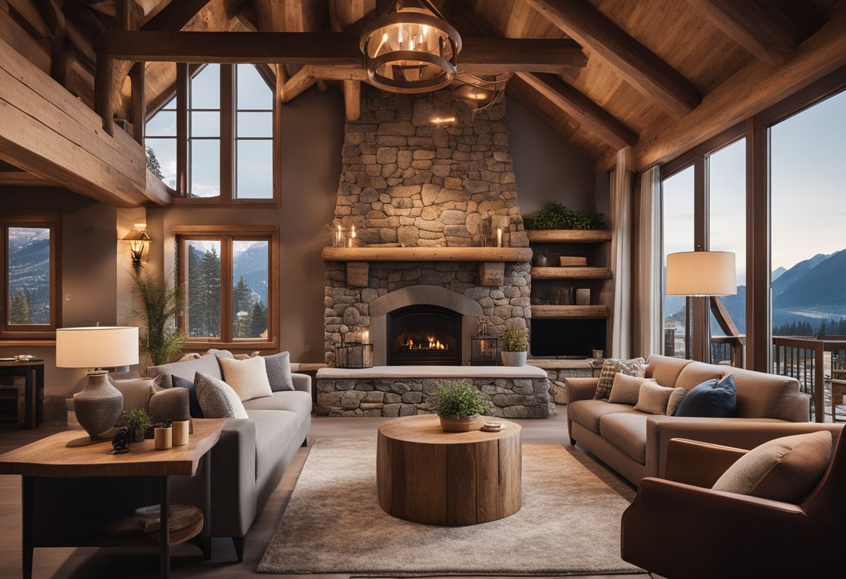 A cozy chalet interior with exposed wooden beams, stone fireplace, plush furniture, and warm lighting. A mix of rustic and modern elements create a welcoming and comfortable space