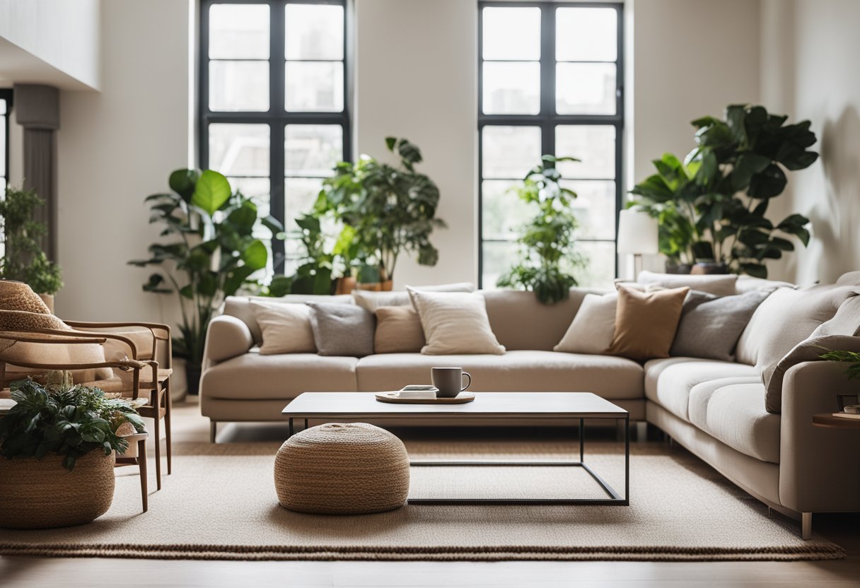 A cozy living room with a large, comfortable sofa, a coffee table, and a soft rug. The room is filled with natural light from the large windows and decorated with plants, artwork, and warm lighting