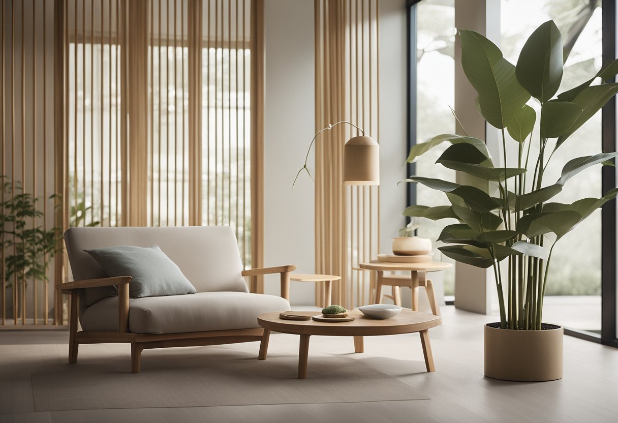 A serene room with minimalist furniture, paper sliding doors, and bamboo accents. Soft lighting and a tranquil color palette evoke a sense of calm and harmony