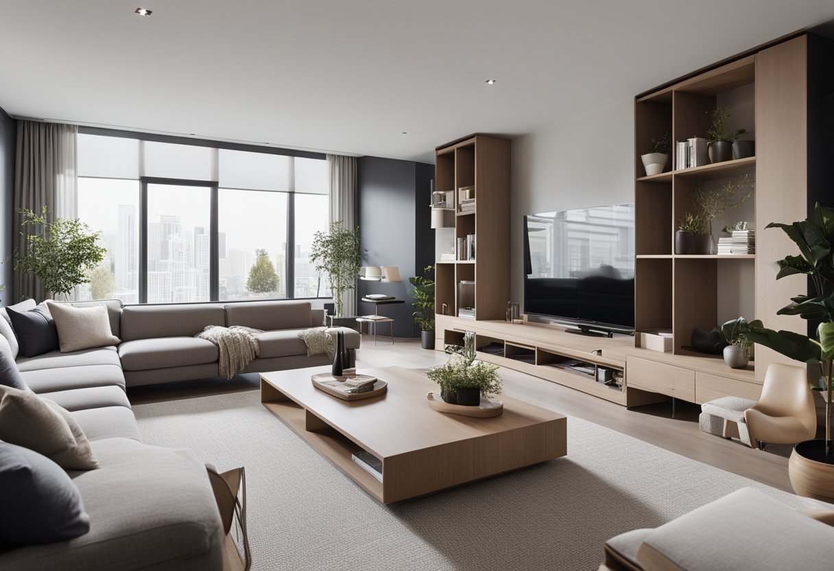 A modern, minimalist living room with sleek furniture, clever storage solutions, and a neutral color palette. A large, multi-functional coffee table sits in the center, surrounded by space-saving seating options