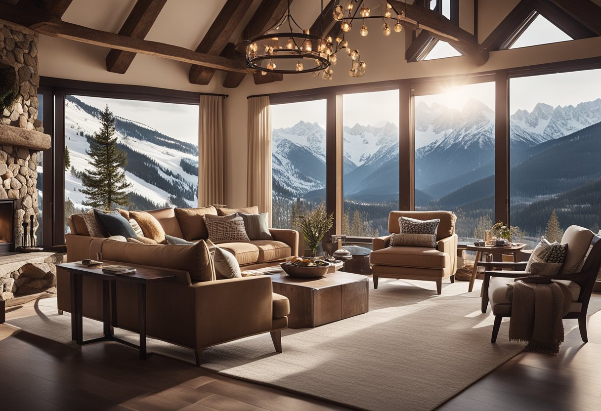 A cozy living room with a stone fireplace, wooden beams, and large windows overlooking snow-capped mountains. Warm earth tones and plush furniture create a welcoming atmosphere