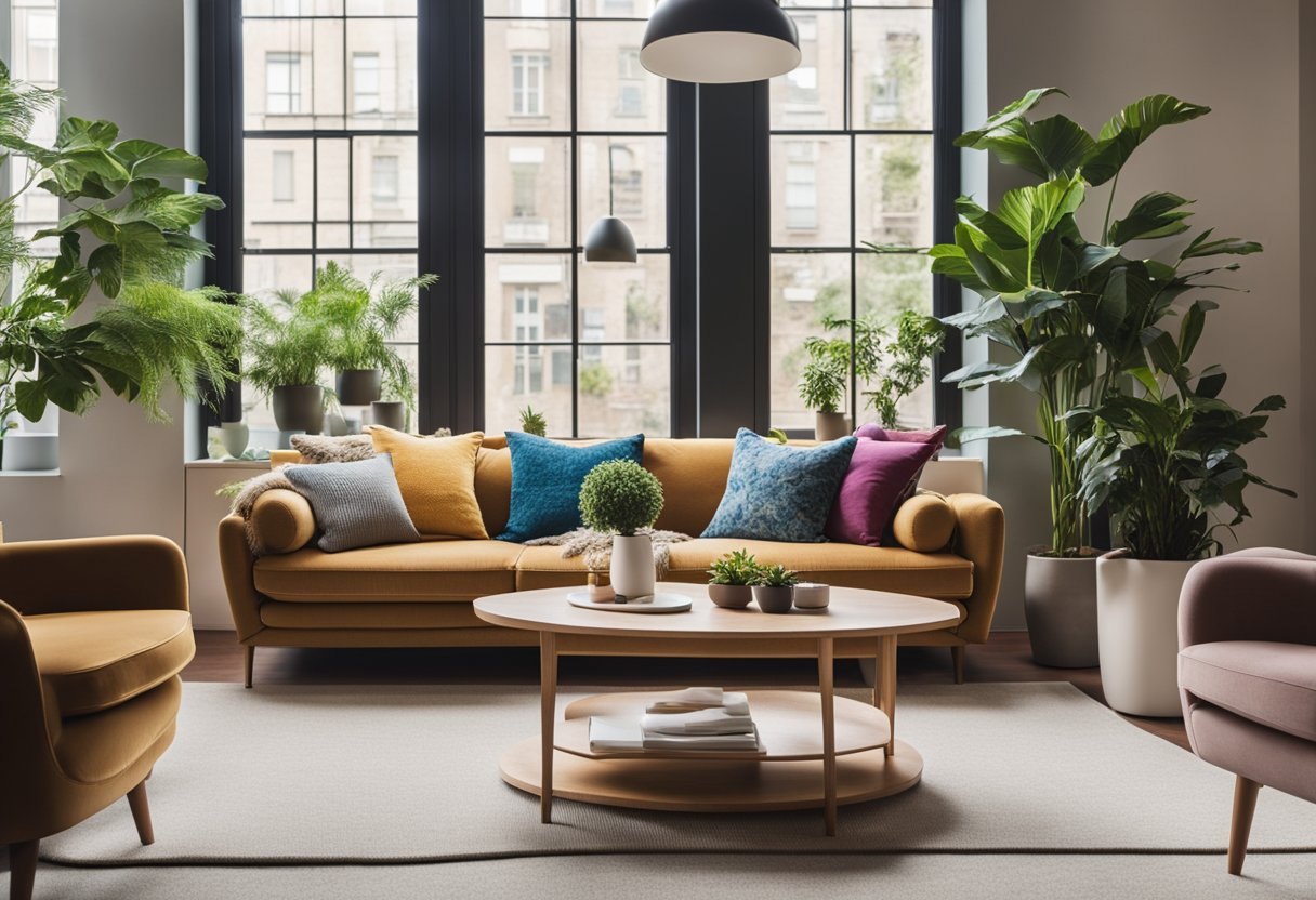 A cozy living room with a modern sofa, colorful throw pillows, and a stylish coffee table. A large window lets in natural light, and potted plants add a touch of greenery