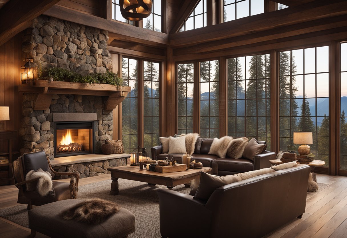 The chalet interior features cozy furnishings, warm lighting, and rustic decor. A crackling fireplace and large windows provide a welcoming ambiance
