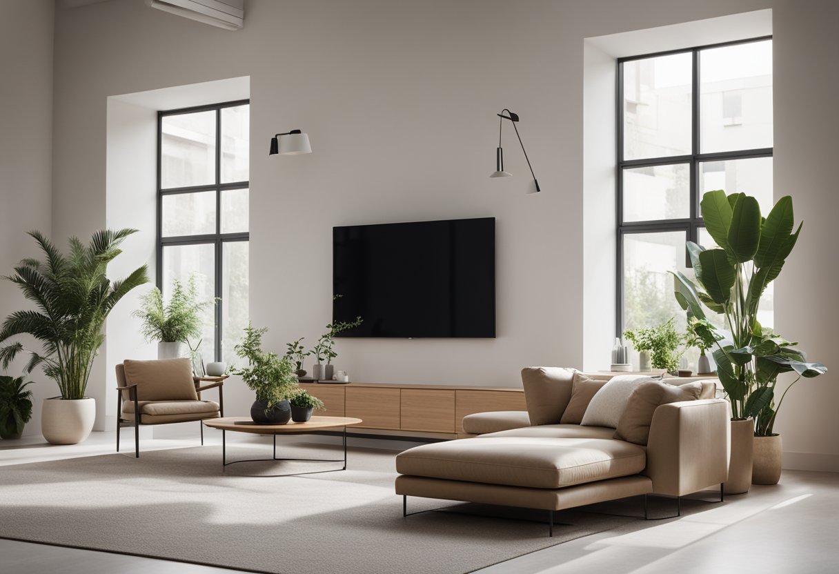 A modern, minimalist living room with sleek furniture, clean lines, and neutral colors. A large window lets in natural light, and potted plants add a touch of greenery