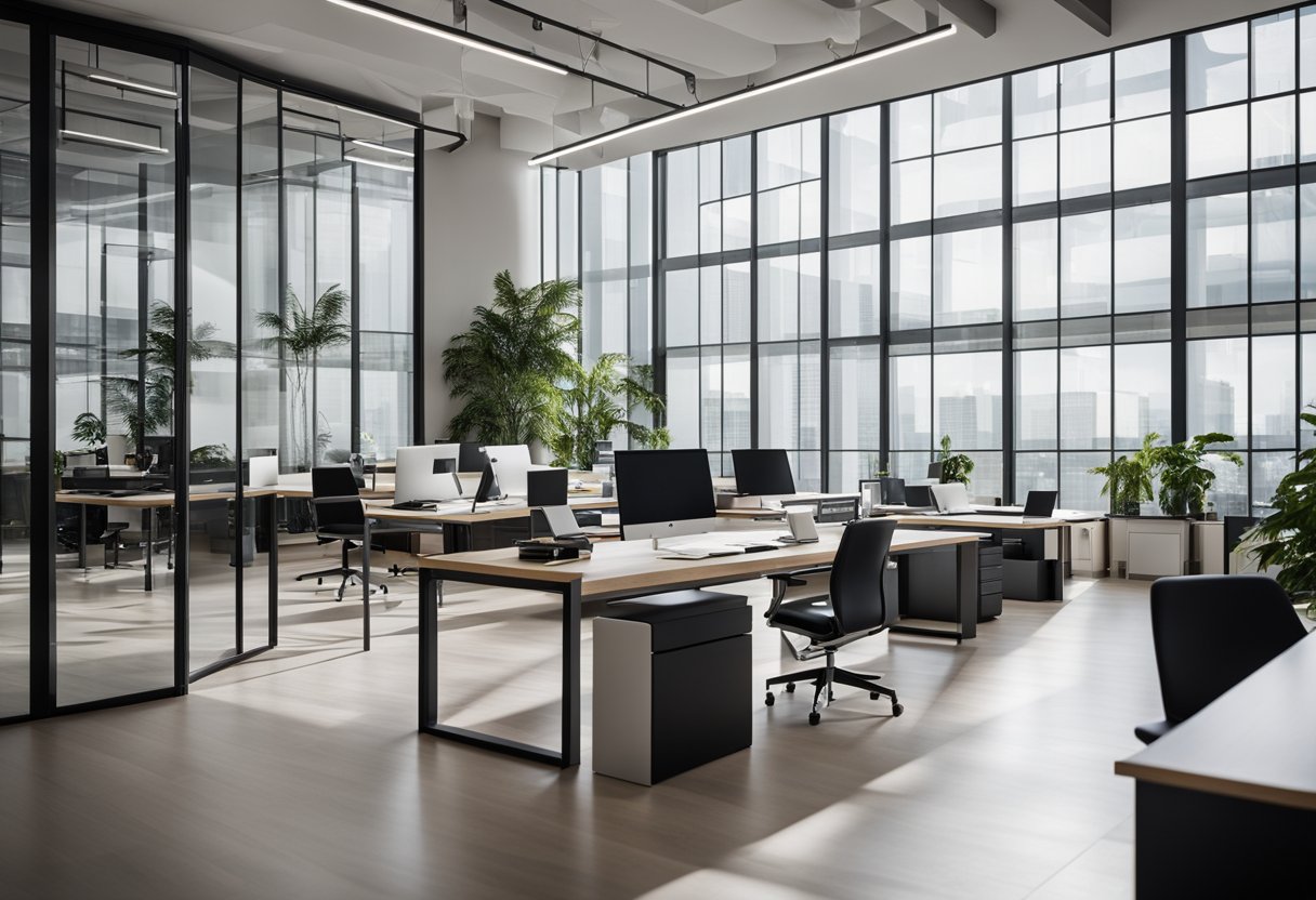 A sleek, modern office space with high ceilings, large windows, and minimalist furniture arranged in a stylish and functional layout