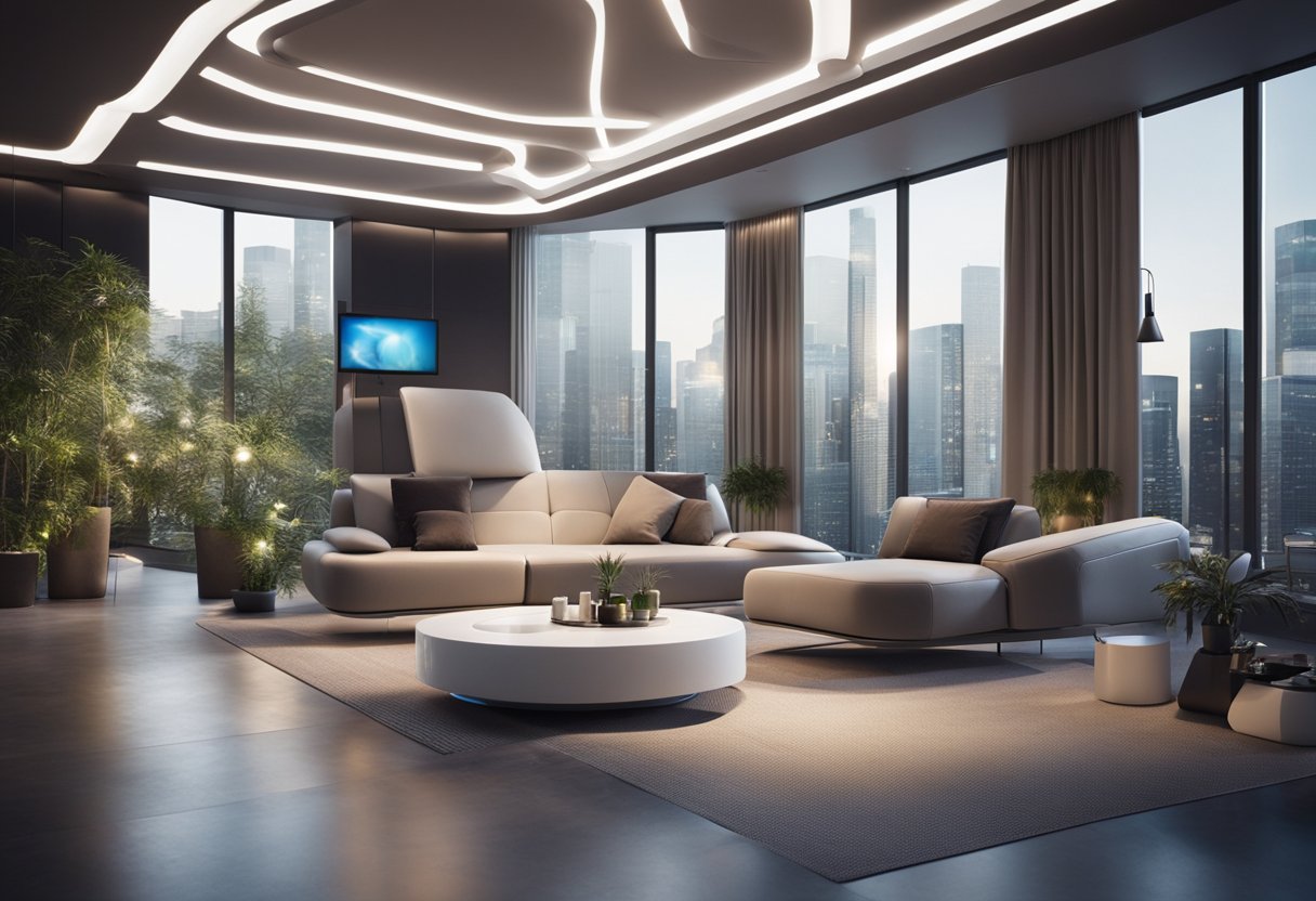 A futuristic living room with smart technology integrated into the design, sustainable materials, and flexible, multi-functional furniture