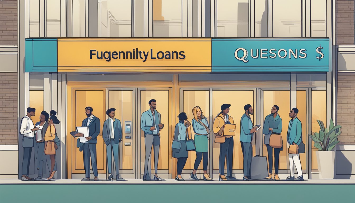 A line of diverse people waits outside a modern city bank, each holding paperwork and looking at a large sign that reads "Frequently Asked Questions about personal loans."