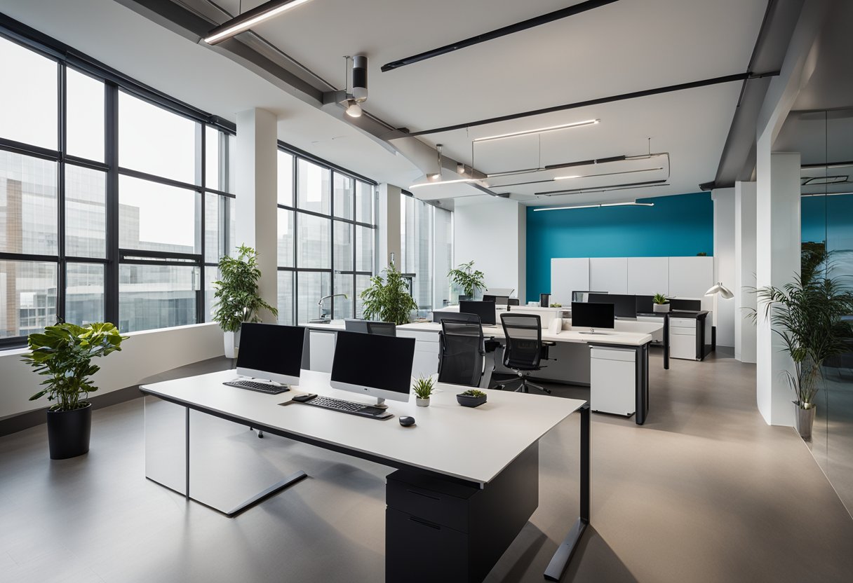 A sleek, modern office space with clean lines, minimalist furniture, and pops of vibrant color. Large windows allow natural light to flood the room, showcasing the firm's innovative designs