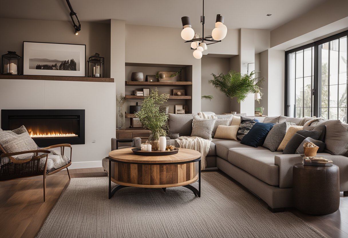 A cozy living room with modern furniture, warm lighting, and a fireplace. A rustic wooden coffee table sits in the center, surrounded by comfortable seating and decorative accents