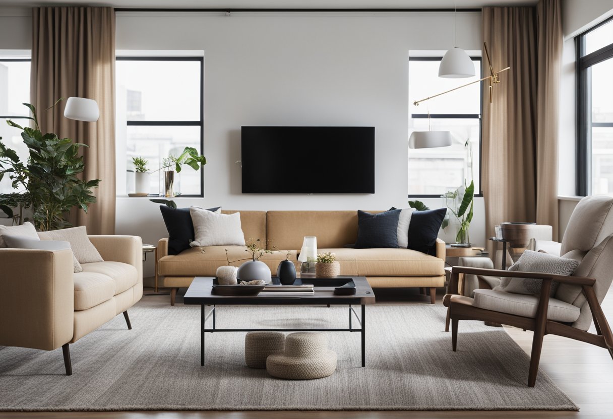 A modern living room with a minimalist design, featuring clean lines, neutral colors, and a combination of natural and industrial materials