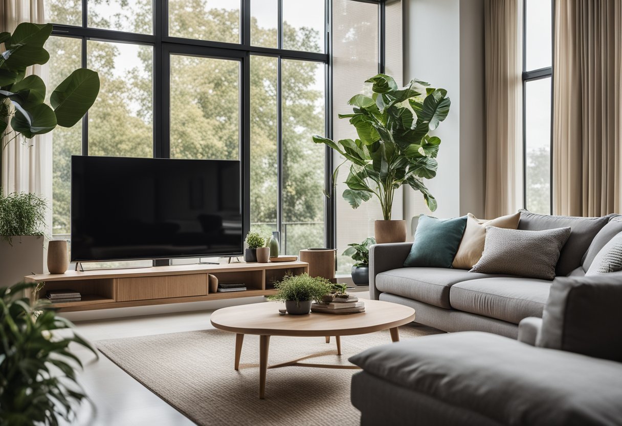 A modern living room with cozy seating, a sleek entertainment center, and a large window letting in natural light. The space is decorated with stylish accents and plants, creating a warm and inviting atmosphere