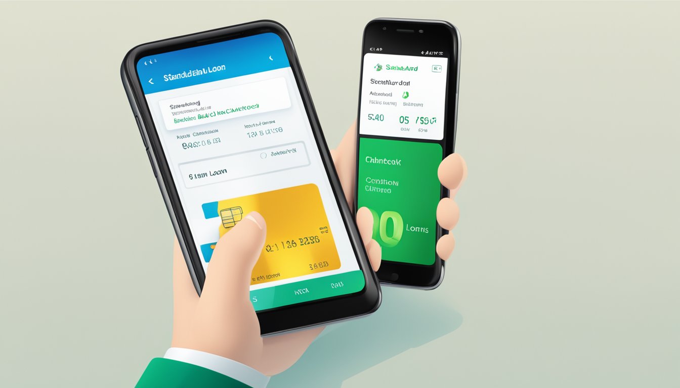 A smartphone displaying the Standard Chartered banking app with a personal loan balance check on the screen