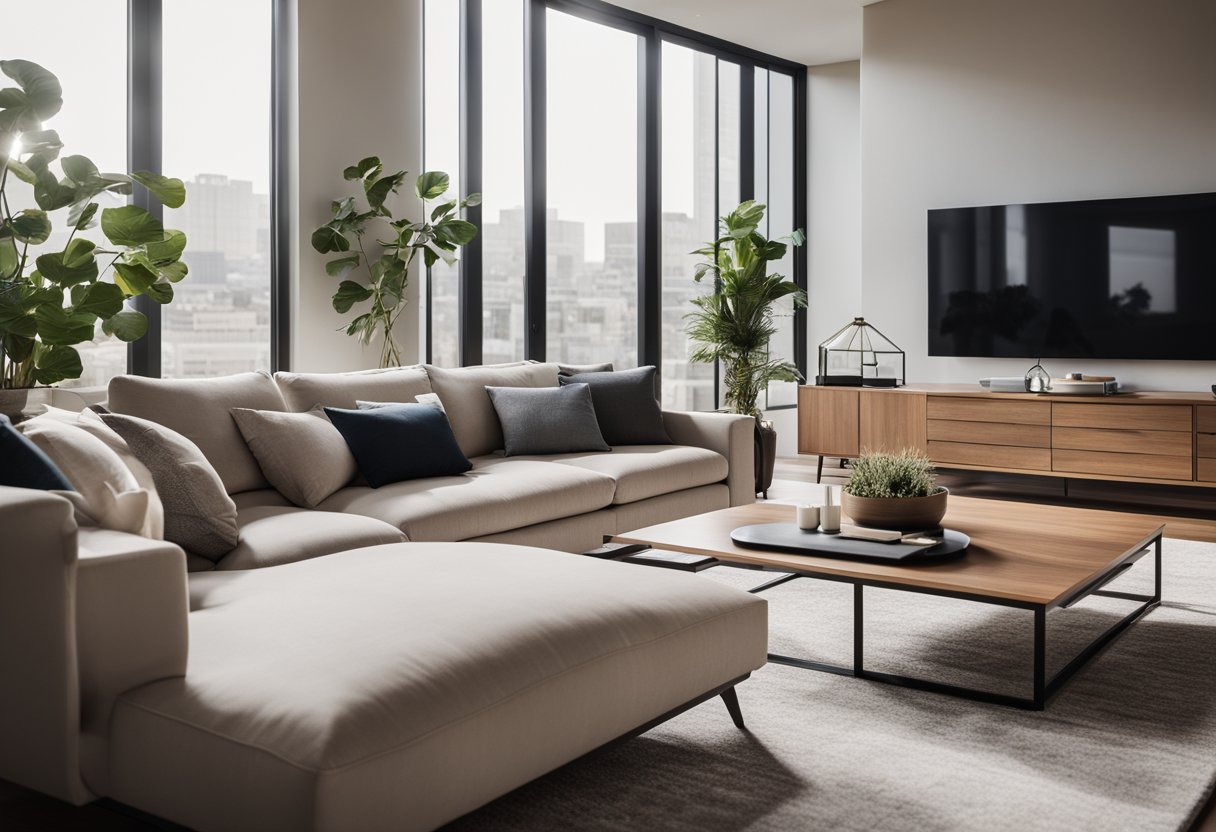 A modern living room with sleek furniture and a neutral color palette. Large windows allow natural light to fill the space, creating a bright and airy atmosphere