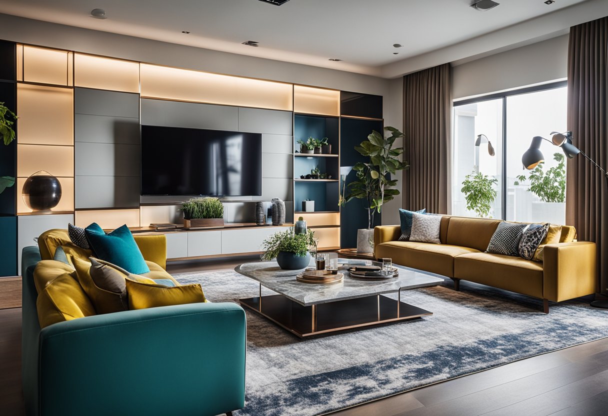A modern, sleek living room with bold colors and geometric patterns, featuring smart home technology and sustainable materials