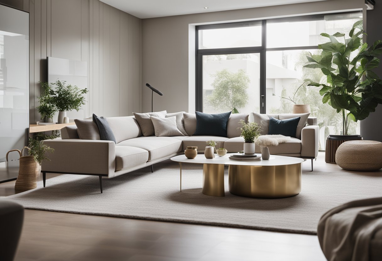 A modern living room with a minimalist design, featuring neutral colors, sleek furniture, and plenty of natural light