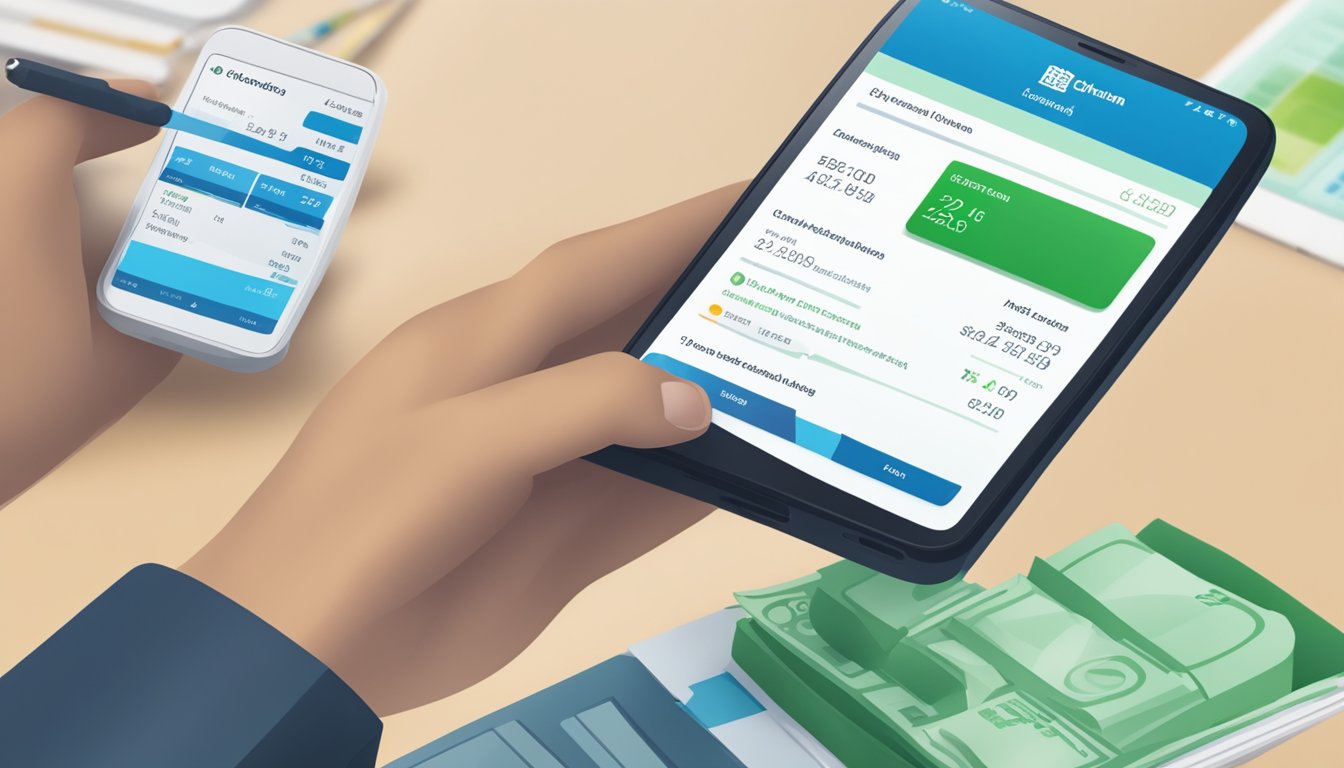 A person using a smartphone to check their Standard Chartered personal loan balance online. The screen displays the loan details and remaining balance