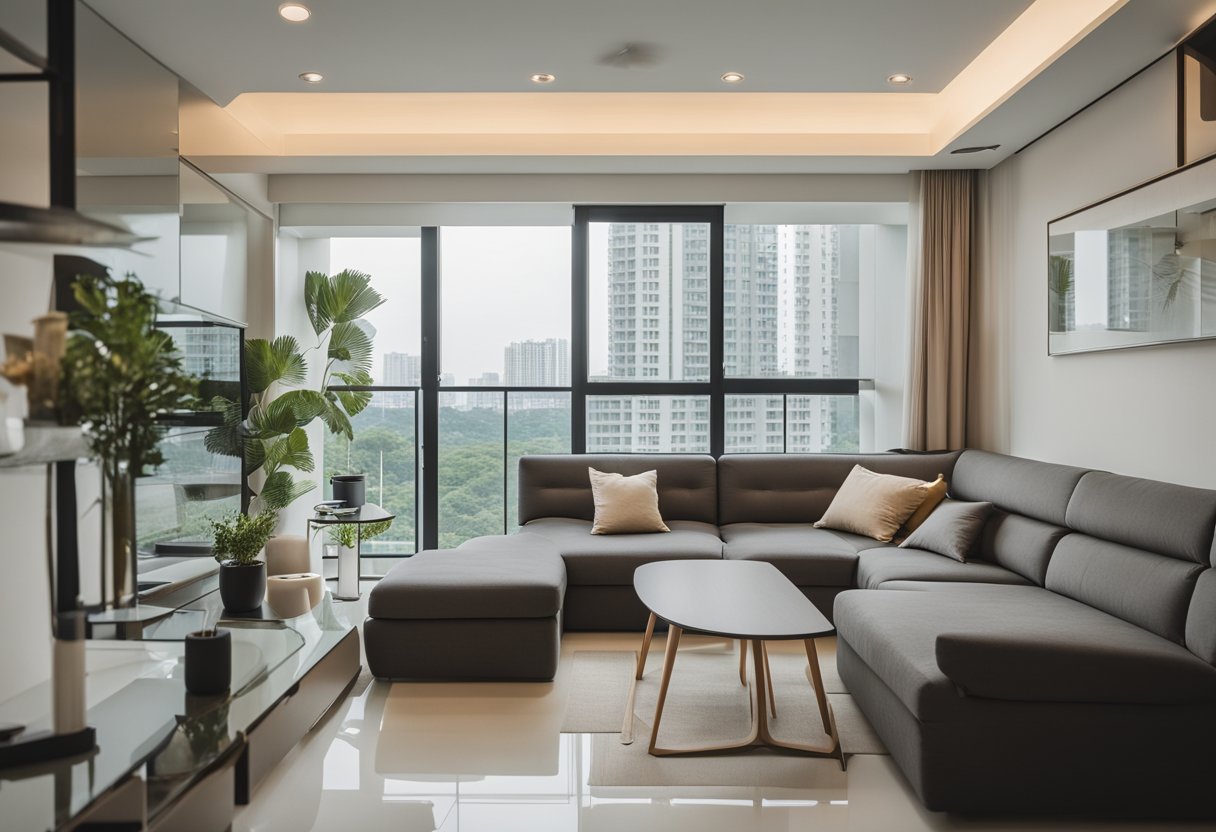A modern HDB EM space with sleek furniture, minimalist decor, and abundant natural light streaming in through large windows