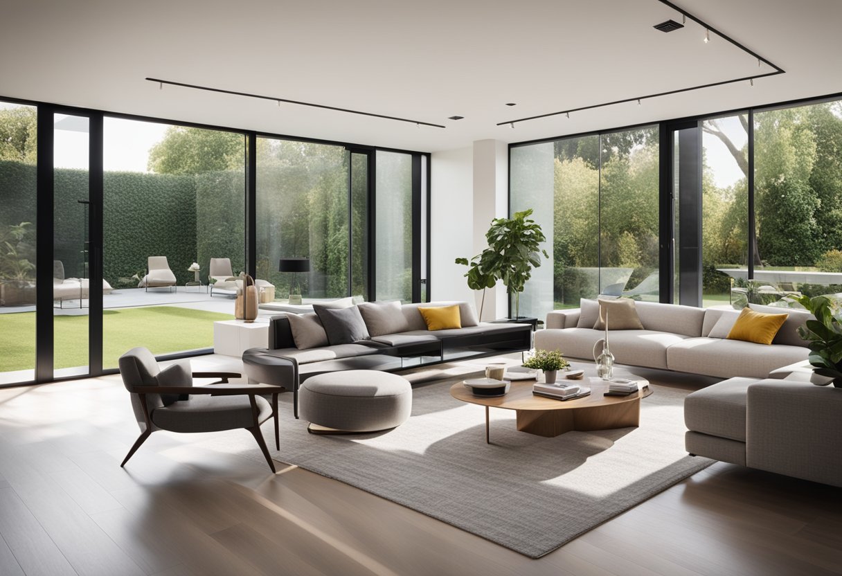 A bright, spacious living room with modern furniture and large windows overlooking a lush garden. A cozy fireplace and a sleek, open kitchen complete the inviting space