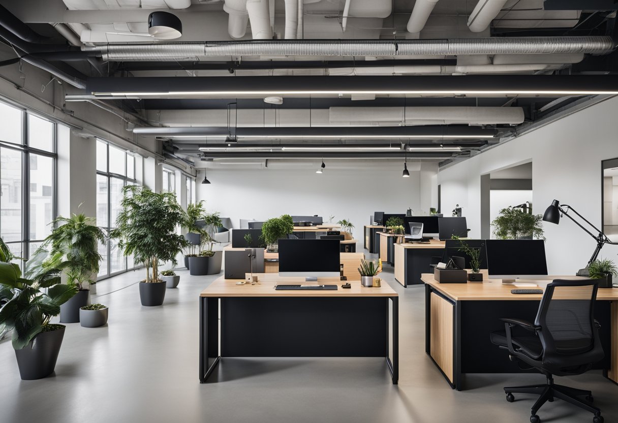 A modern office space with sleek furniture, vibrant accent colors, and ample natural light. A mood board and floor plans are displayed on a large table, while a team of designers collaborate on their laptops
