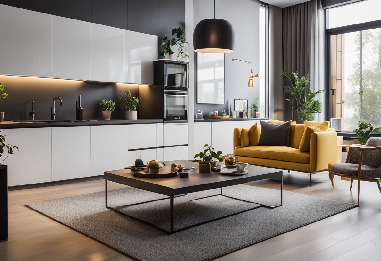 A cozy living room with modern furniture, warm lighting, and pops of color. A sleek kitchen with functional storage and stylish appliances. A comfortable bedroom with a minimalist design and a touch of luxury
