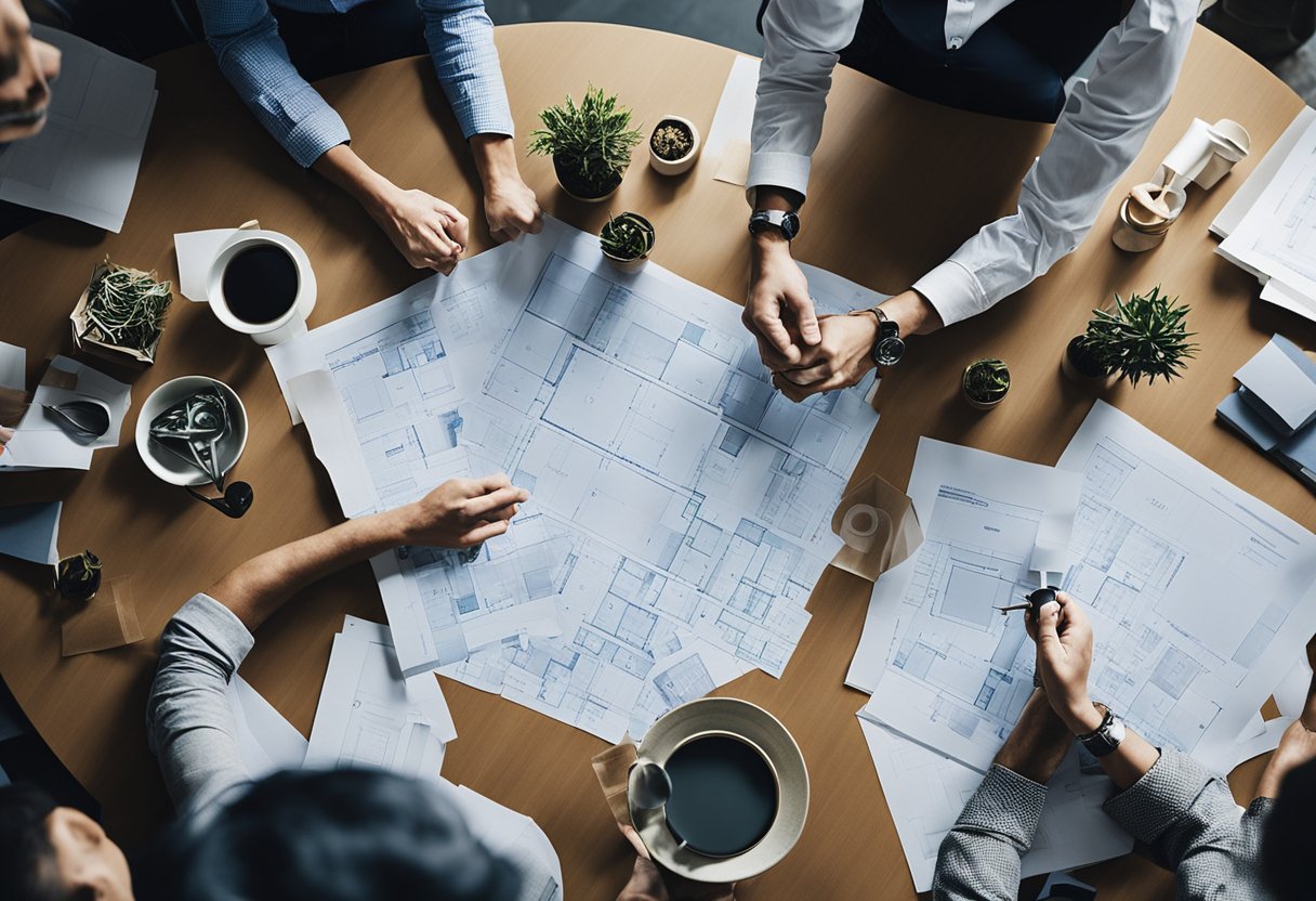 A group of designers gathered around a table, discussing and brainstorming ideas for interior design projects. Blueprints and swatches are spread out on the table as they collaborate and problem-solve