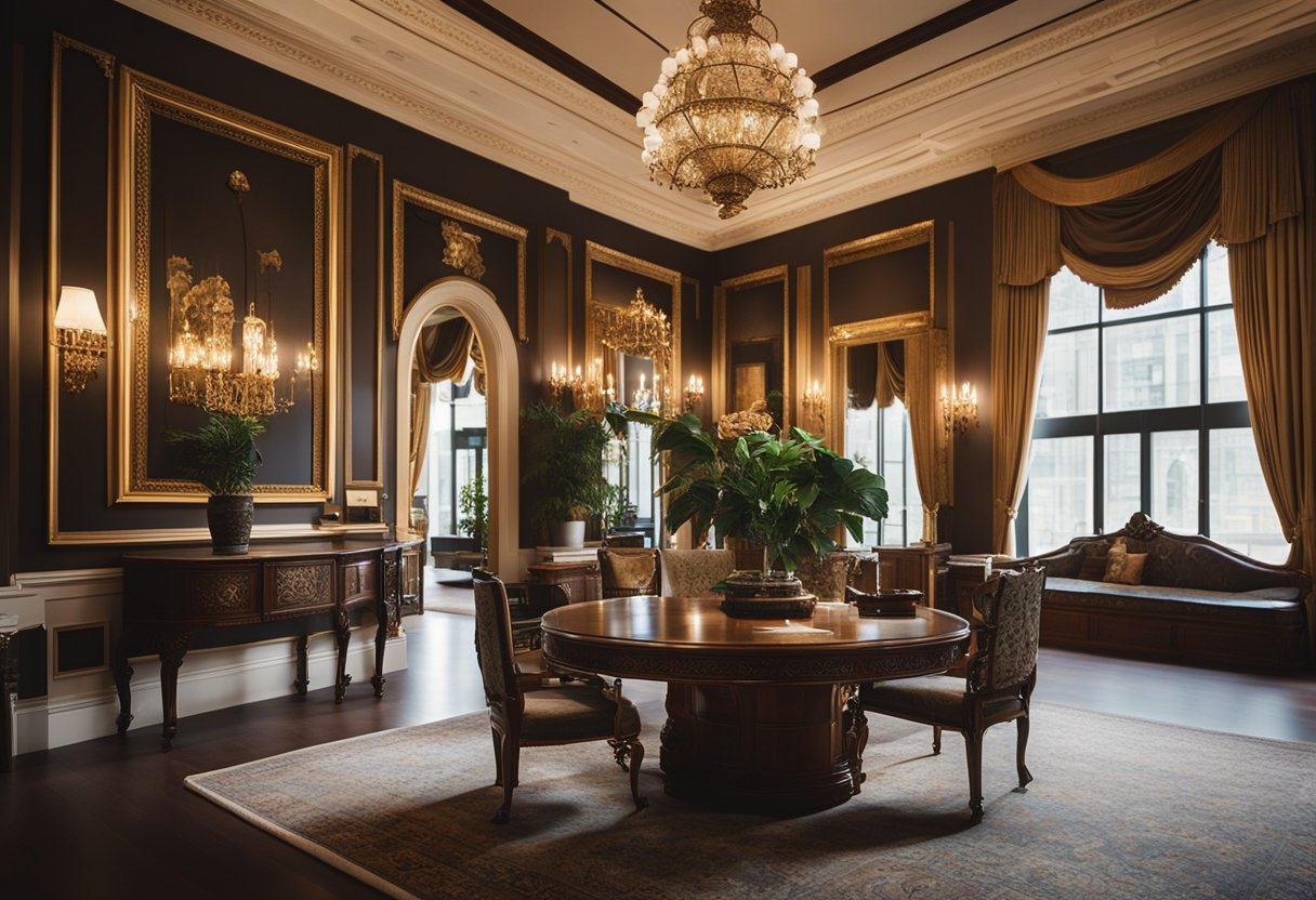 The museum home's interior design features ornate furniture, intricate tapestries, and elegant lighting, creating a luxurious and sophisticated atmosphere