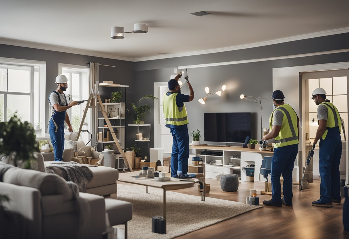 A team of workers transform a living room, adding new furniture and decor, while others paint the walls and install new lighting fixtures