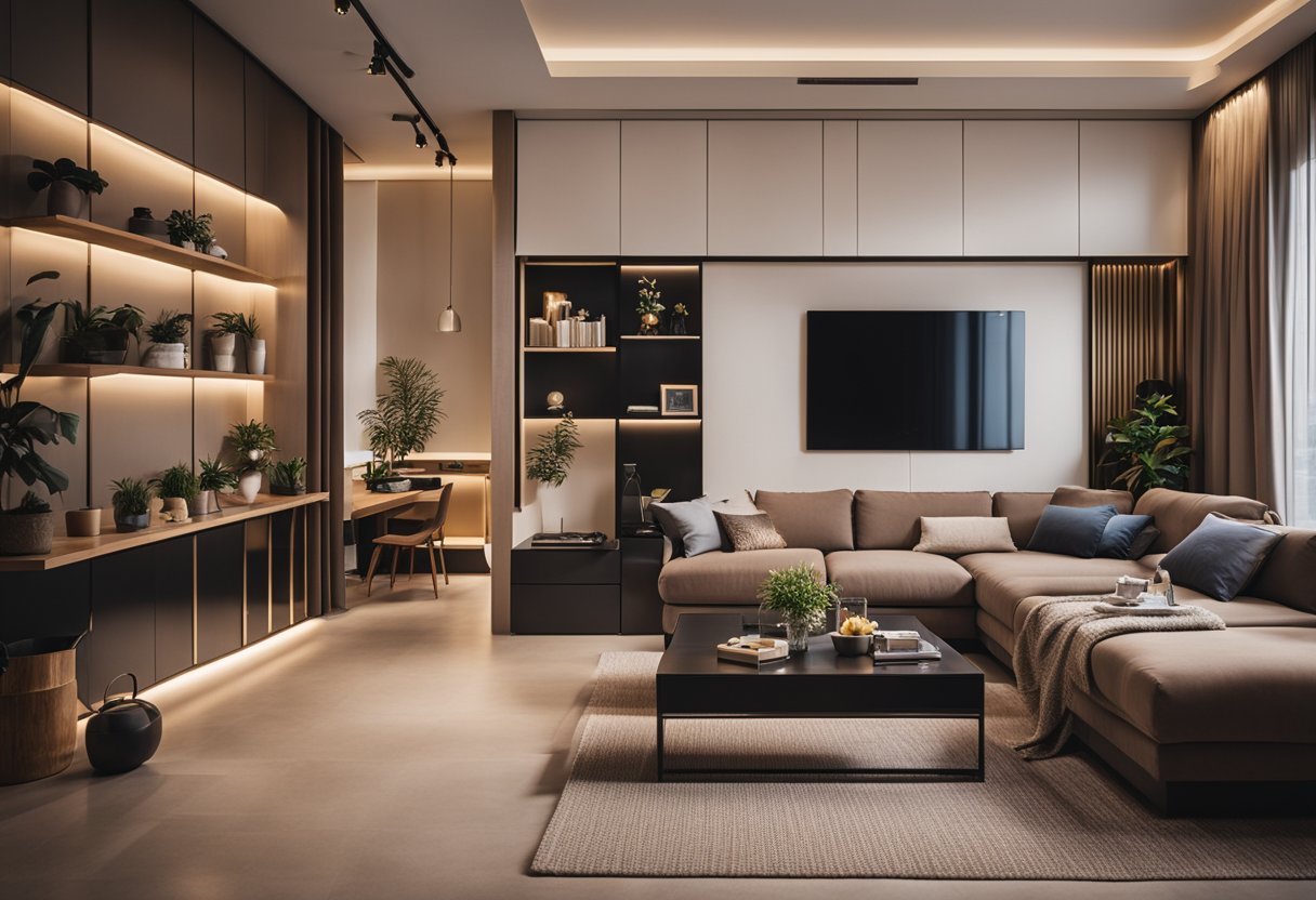 A cozy living room with modern furniture and warm lighting, showcasing a stylish HDB EM interior design