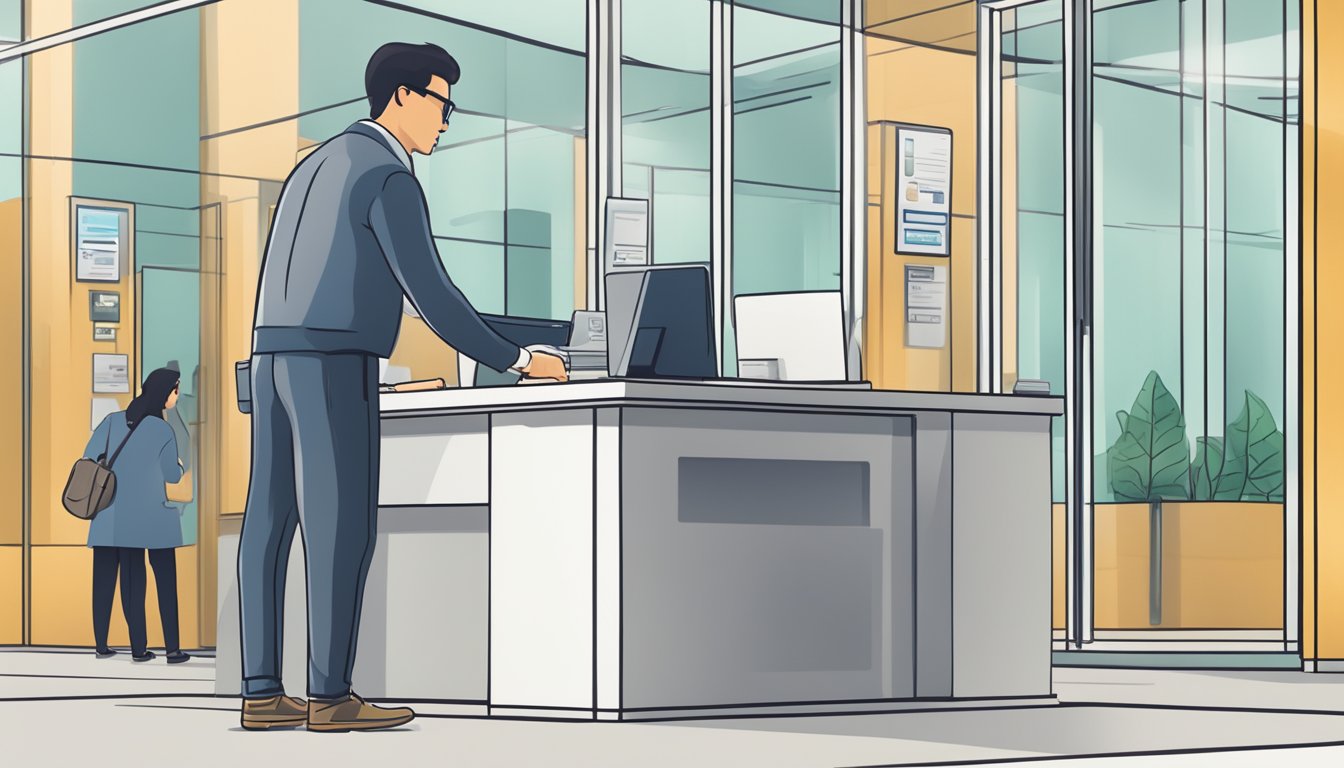 A person holding a valid ID and filling out a loan application form at a bank branch