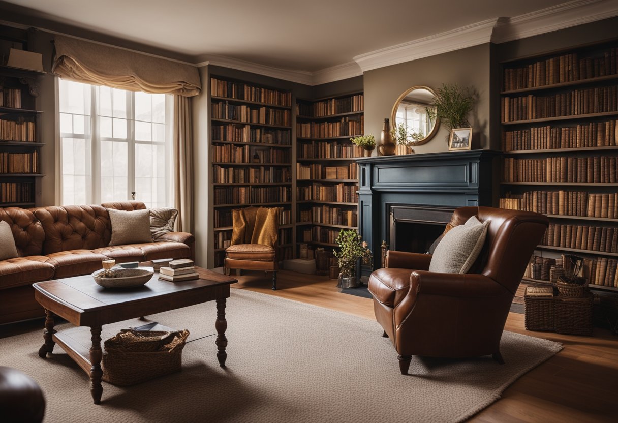A cozy living room with vintage furniture, art on the walls, and soft lighting. A bookshelf filled with antique books and a fireplace in the corner