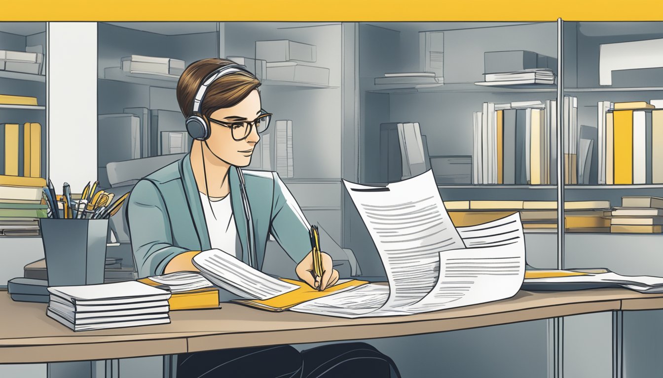 A person sitting at a desk, reading a document titled "Frequently Asked Questions Commerzbank Personal Loan" with a pen in hand