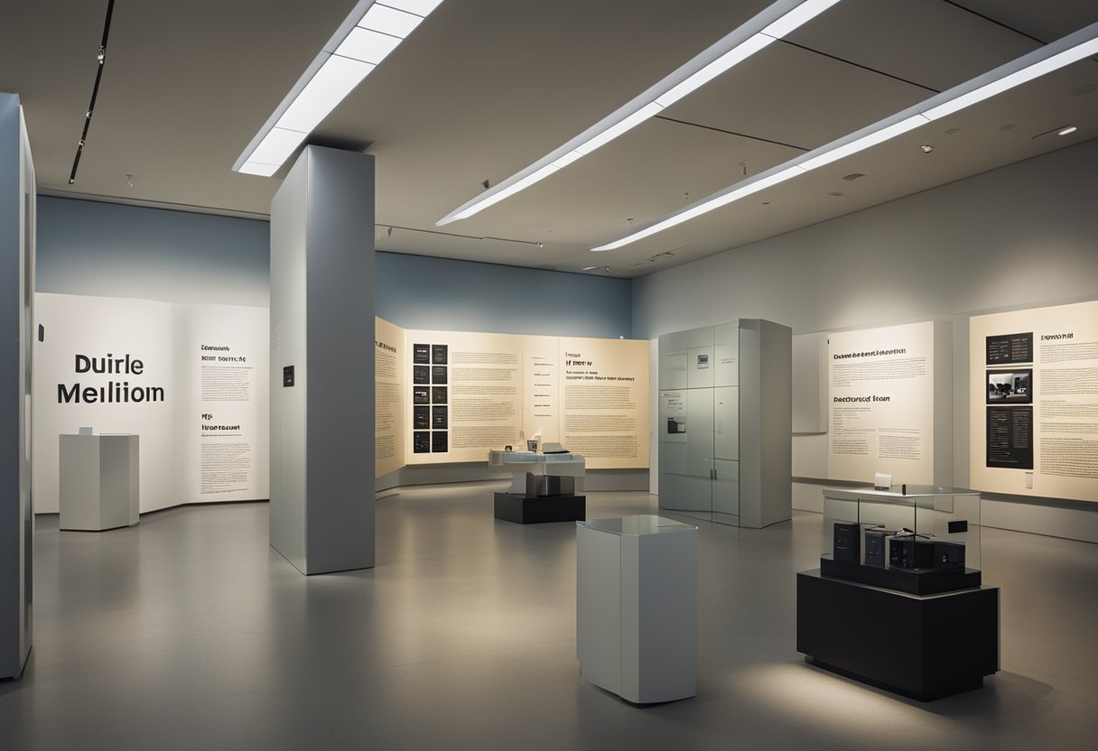 A museum exhibit displays various interior designs with labeled FAQ panels