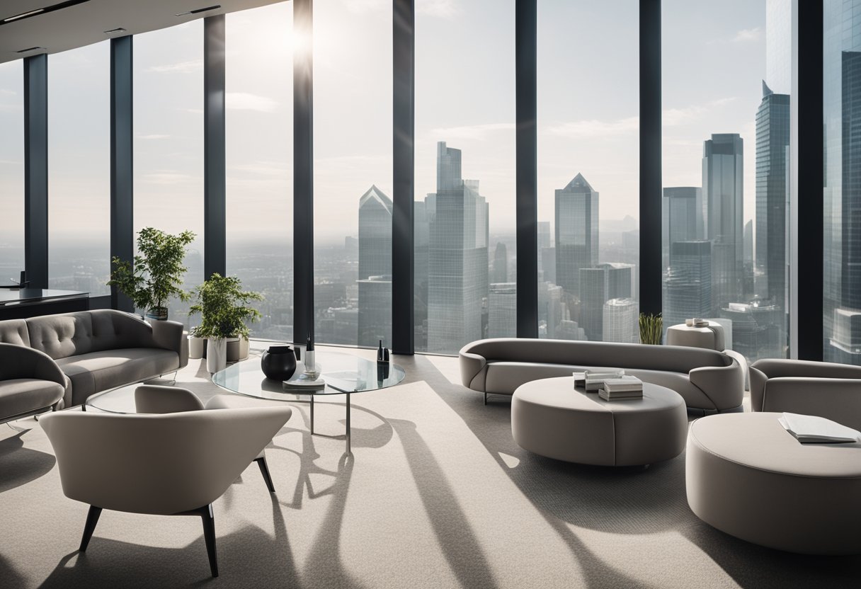 The sleek, modern corporate interior features clean lines, minimalist furniture, and a neutral color palette. The space is filled with natural light, and large windows offer views of the city skyline