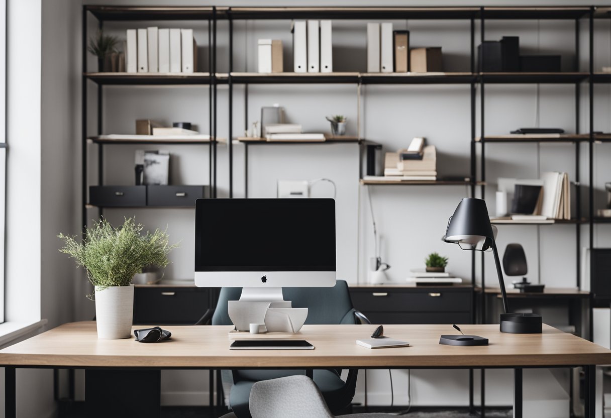 A modern, minimalist office space with clean lines, neutral colors, and stylish furniture. A large desk with a computer, a comfortable chair, and shelves with design books and decor