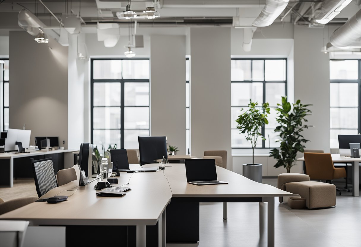 A sleek, modern office space with clean lines, minimalist furniture, and a neutral color palette. The space exudes professionalism and sophistication, with strategic branding elements incorporated throughout
