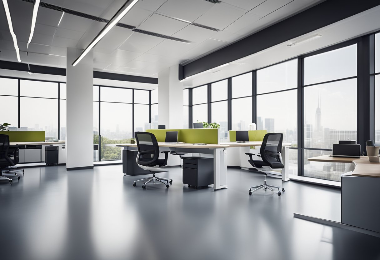 A modern office with sleek furniture, large windows, and a minimalist color scheme. The space is well-lit with recessed lighting and features a mix of natural and artificial materials