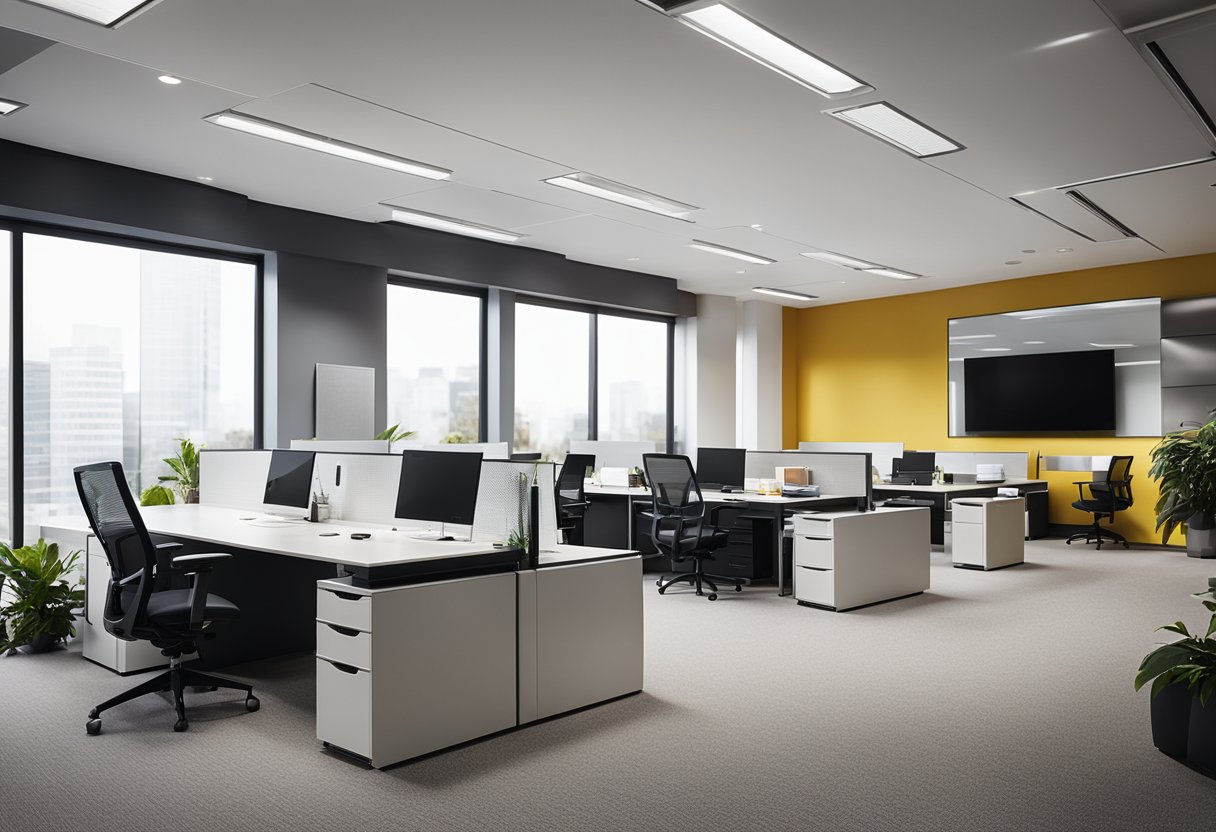 Sleek, modern office space with clean lines, minimalist furniture, and pops of the company's branded colors throughout