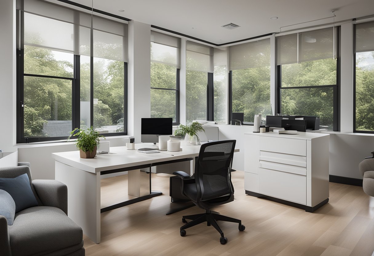 The MD's office features a modern, minimalist design with sleek furniture, calming neutral colors, and ample natural light streaming in from large windows